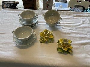 lot 192 image: Double Handled Soup Bowls, Mikasa Lasio With Matching Saucer And Two Pottery Floral Candleholders