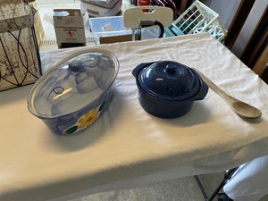 lot 193 image: Two New Covered Casserole Pans In Cloth And Metal Basket