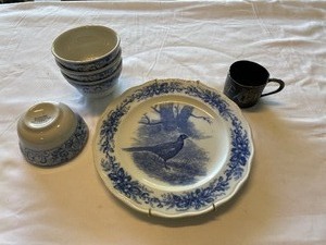 lot 301 image: Vintage Blue And White Pheasant Plate And Four Sterling Small Bowls And Silver Baby Cup