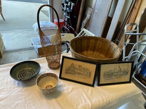 lot 312 image: Vintage Fast Apple Basket With Two Vintage Bowls, Woven Basket And Two Drawings One Of Hathaways Cottage And The Second Shakespeares House