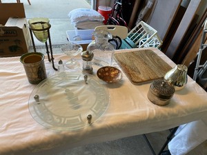 lot 318 image: Bin Of Antique Serving Pieces As Seen In Photo