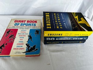 Variety of Michigan Football Sports Books - Endzone by John U Bacon, Bo by Bo Schembechler & Mitch Albom, Bos Lasting Lessons by Bo Schembechler and John U Bacon, and the Giant Book of Sports
