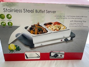 Stainless Steel Buffet Server with Electric Warmer. Includes Two 1 12 Quart Serving Trays.