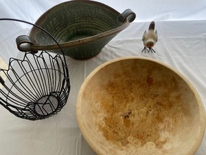 Miscellaneous Decor Items. Wooden Bowl, Decorative Bird, Pottery Bowl, and Wire Basket.