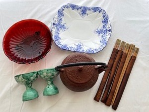 Variety of Vintage Serving Pieces. Olgen Tea Kettle, 5 Sets of Chopsticks and Other Pieces.