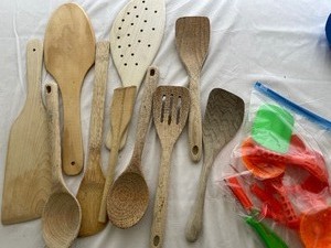 Miscellaneous Wooden Kitchen Utensils and Pumpkin Carving Tools.