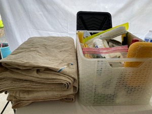 Two Canvas Painters Drop Cloths and Bin of Painting and Sheet-Rocking Supplies.