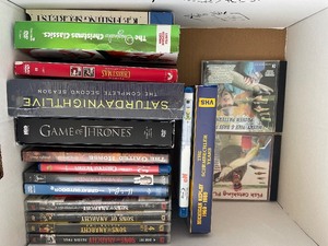 Box of Movies. Mostly DVDs, One Blu-Ray Disc and a Few VHS.