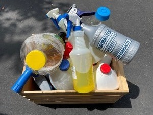 Wooden Crate of Cleaning Supplies.