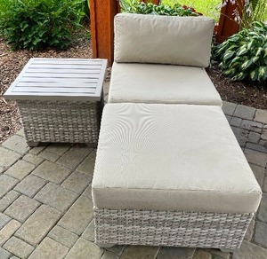 Outdoor Chair, Ottoman and End Table. Dimensions Chair 30 Inches Tall 36 Inches Deep 28 Inches Wide Ottoman 28 Inches Wide by 28 Inches Long by 19 Inches Tall End Table 24 Inches Wide by 24 Inches x 24 Inches x 18 12 Inches Tall.