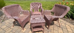 Hampton Bay Imitation Wicker Deck Chairs and Table. 3 Chairs. Dimensions Chair 29 Inches Wide by 37 Inches Tall by 23 Inches Deep Table 18.5 Inches Wide by 18.5 Inches x 21 Inches Tall.