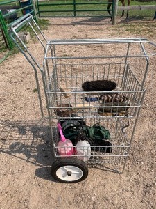 Cleaning Cart With A Variety Of Horse Brushes, Ropes, And Grooming Tools