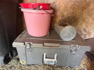Two Buckets, A Sterilite Trunk And Feed Scoop