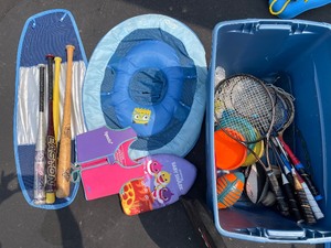 Bin Of Sports Equipment, Baseball Bats, Tennis Racks, Badminton, Golf Jacket, And Swing