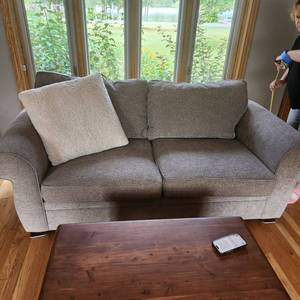 Graphite gray Pottery Barn couch in Heather tweed measuring 80 inches wide by 40 inches deep by 32 inches tall. No smoking house, does have dogs