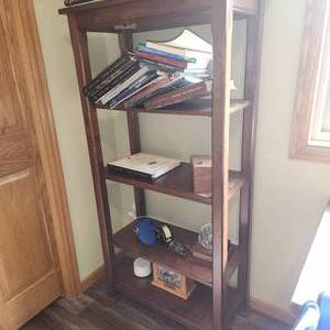 Wood bookcase measuring 30 inches wide by 15 inches deep and 60 inches tall, contents not included