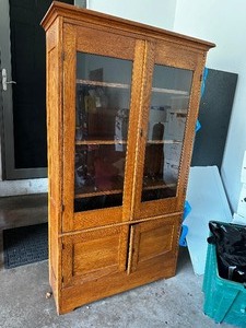 Vintage shaker style hutch with glass doors on upper, measuring 36 inches wide by 14 inches deep and 67 inches tall