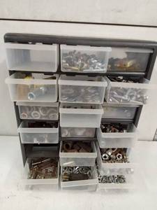 lot 91 image: 17 drawer organizer full of hardware