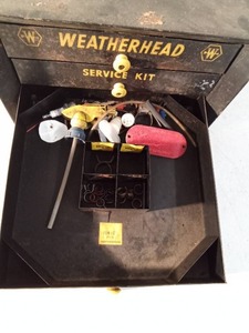 lot 37 image: 3 Drawer Weather Head display case with some brass fittings