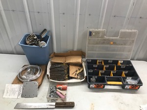 lot 255 image: Lot of Misc. Screws, Bolts, Washers, Tool Kit, Wood Truss Fasteners, 34 Head Strip Nails, Machette, Valve and More