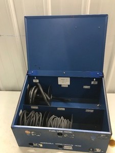 lot 112 image: Metal Storage Box with Auto Fuel Line Hoses