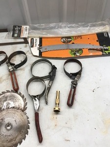 lot 261 image: Saw Blades - Meat Saw - Oil Filter Wrenches - Tree Pruner Saw Blade - Cable Ties & More