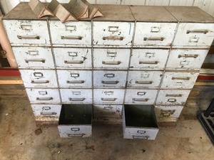 lot 359 image: Metal 25 Drawer Parts Cabinet with legs - (Legs are optional for install)