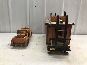 lot 512 image: Wooden caboose train-19.75L x 8.5W x 11.5H and Car 14.5L x 5.5W x 5H