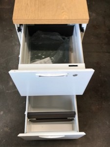lot 556 image: 2 drawer metal filing cabinet with key and wood top