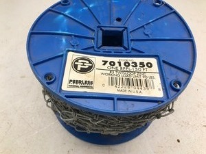lot 572 image: Spool of chain-reel says 150ft #3 twin loop zinc work land limit 90lbs
