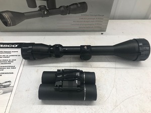 lot 588 image: Tasco world class wide angle rifle scope 3 x 9 x 50mm and binoculars 10 x 25WA in box