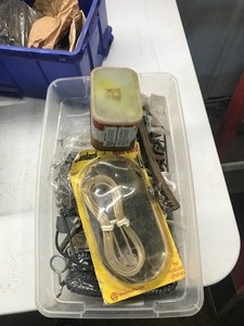 lot 613 image: Brass fittings, shelf hooks, 3 Senco nails for nail gun and more