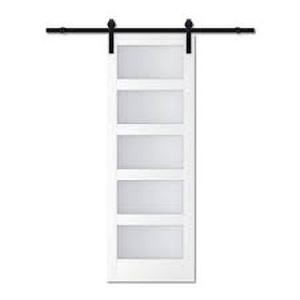 lot 193 image: 30 in. x 84 in. 5 Lite White Tempered Frosted Glass Off-White Finished MDF Barn Door Slab with Hardware