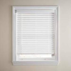 lot 196 image: Set of 2 HDC White Cordless Faux Wood Blinds for Windows with 2 in. Slats - 59 in. W x 48 in. L (Actual Size 58.5 in. W x 48 in. L)