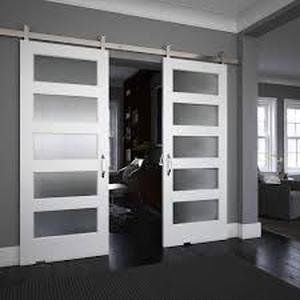 lot 204 image: Eightdoors 32 in. x 84 in. 5 Frosted Glass Solid Core White Finished Interior Barn Door Slab