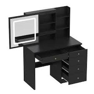 lot 277 image: 5-Drawers Black Wood LED Push-Pull Mirror Makeup Vanity Sets Dressing Table Sets with Stool and 3-Tier Storage Shelves
