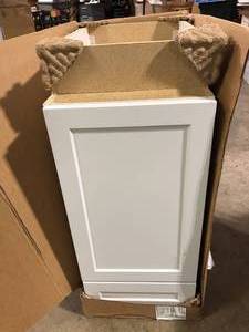 Hampton Bay Designer Series Melvern Assembled 15x34.5x23.75 in. Pull Out Trash Can Base Kitchen Cabinet in White Customer Returns See Pictures