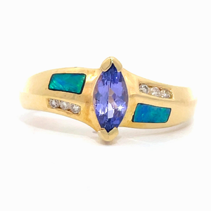 Marquise Tanzanite & Diamond, Opal Inlay Ring in 14k Yellow Gold $2,275 Retail