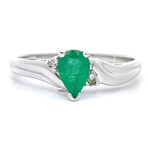 Pear Emerald & Diamond Scalloped Curve Ring in 14k White Gold $1,575 Retail