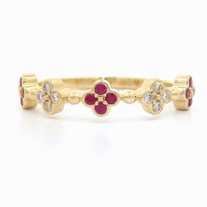 0.25 Carat Ruby & Diamond Flower Stackable Ring in 14k Yellow Gold $1,899 Retail