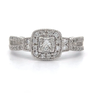 0.50 Carat Princess Diamond & Cushion Halo Split Shank Ring in 14k White Gold $1,690 Retail