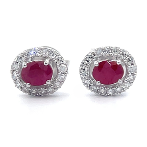 0.51 Carat Ruby & Diamond Oval Halo Cluster Stud Earrings in White Gold $1,475 Retail