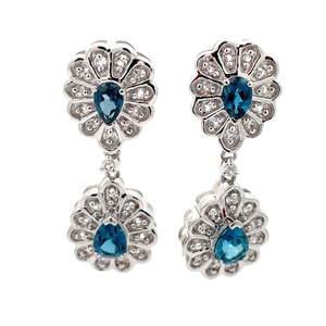 London Blue Topaz & White Topaz Double Flower Dangle Earrings $599 Retail