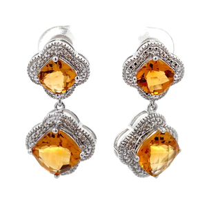 3 Carat Citrine & Diamond Double Flower Cluster Dangle Earrings