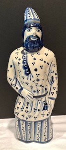Blue and White Russian Hand Painted Porcelain Figurines Including a Gzhel Russian Porcelain Hand Painted Decanter