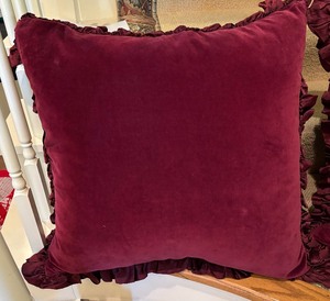 Two Large Maroon Velvet Accent Down Filled Pillows with Ruffled Edges