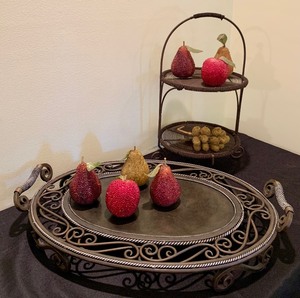 Amazing Metal Tray and Two Tier Tabletop Stand with Beaded Fruit