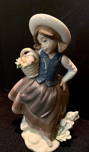 Lladro 5221 Sweet Scent Girl Holding Basket of Flowers Porcelain Figurine