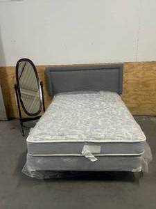 lot 56 image: Full Bedroom Set- Mattress, Box Spring, Bed Frame and Mirror