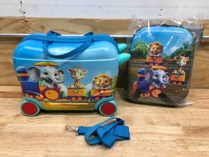 lot 110 image: Emissary Kid Rideable Luggage Suitcase for Kids and Backpack Bundle